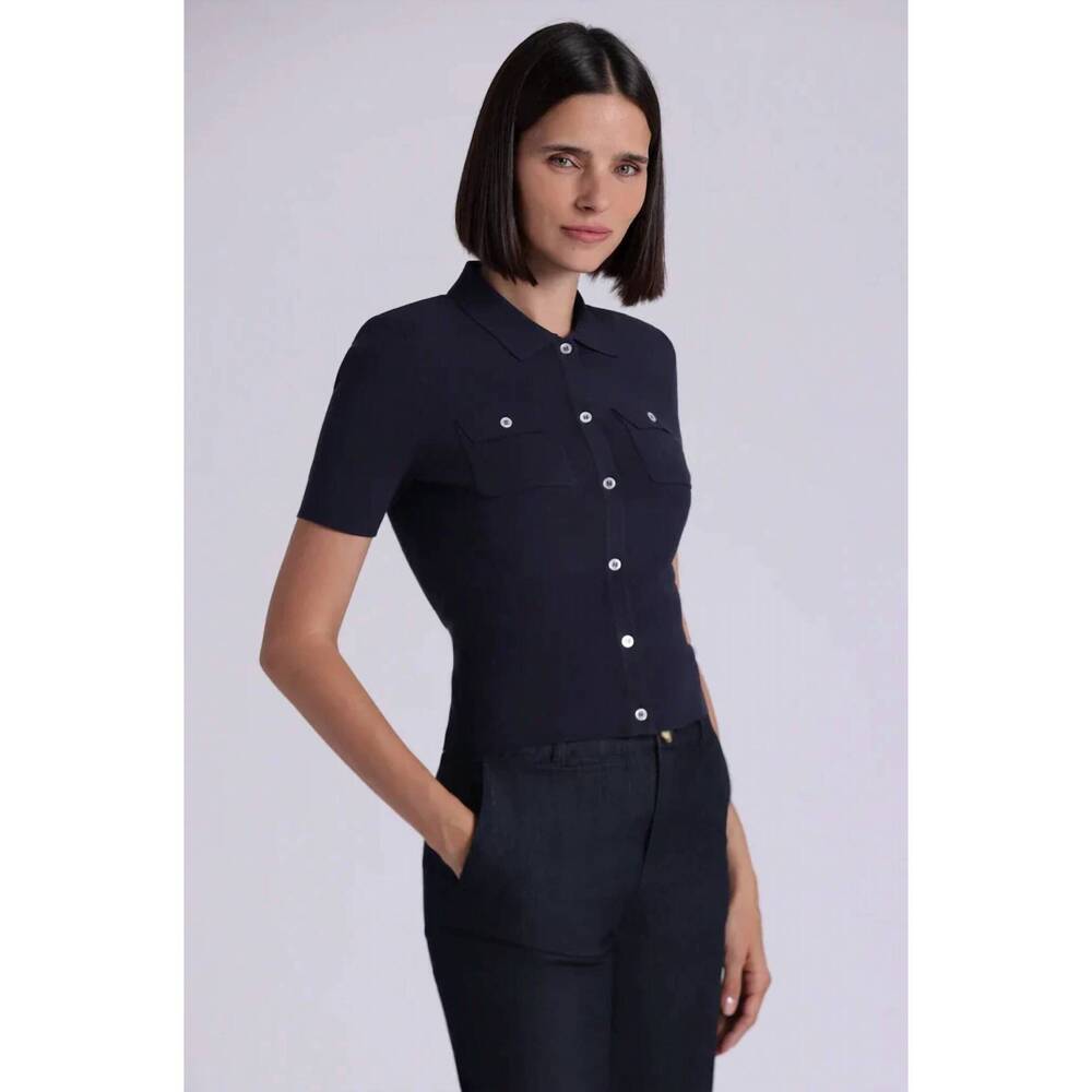 NEW MINNIE ROSE short sleeve collard shirt with pockets in navy